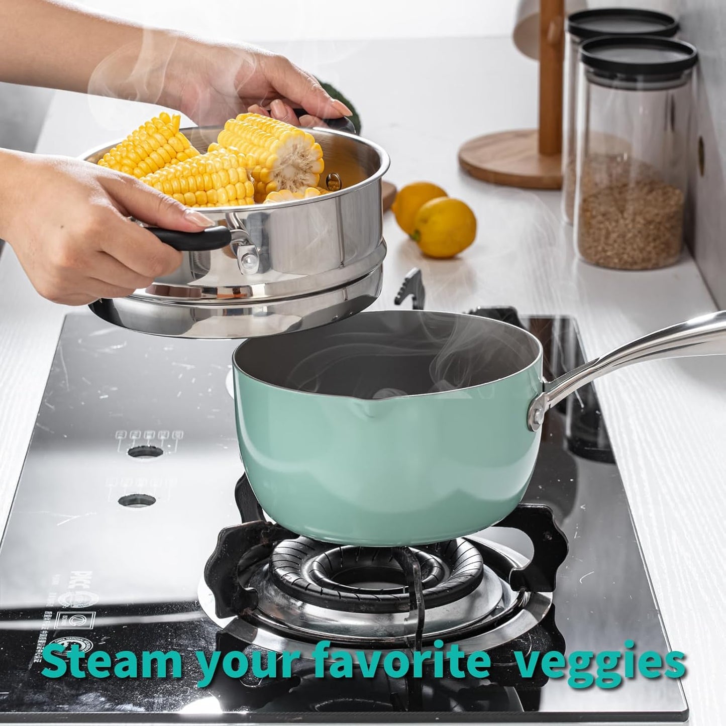 Ceramic Nonstick Tri-Ply Stainless Steel Sauce Pan with Steamer,2.5 Quart Small Multipurpose Pot with Pour Spout,Strainer Glass Lid, 2qt Saucepan for Cooking with Stay-cool Handle,Green - Culinary Roots