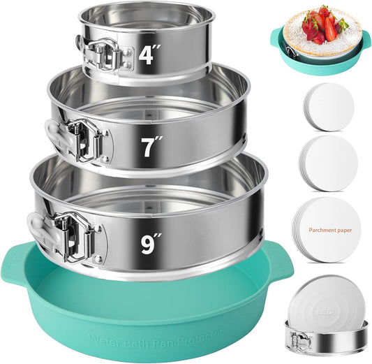 4, 7, 9 Inches Springform Pan Set of 3-304 Stainless Steel Nonstick Springform Cake Pan Set with Removable Bottom, 10 Inch Leakproof Silicone Cheesecake Pan Protector with 60 Pcs Parchment Paper - Culinary Roots
