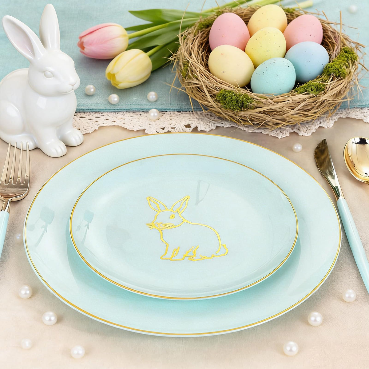 60 Pieces Easter plates with Gold Bunny (60 Count)