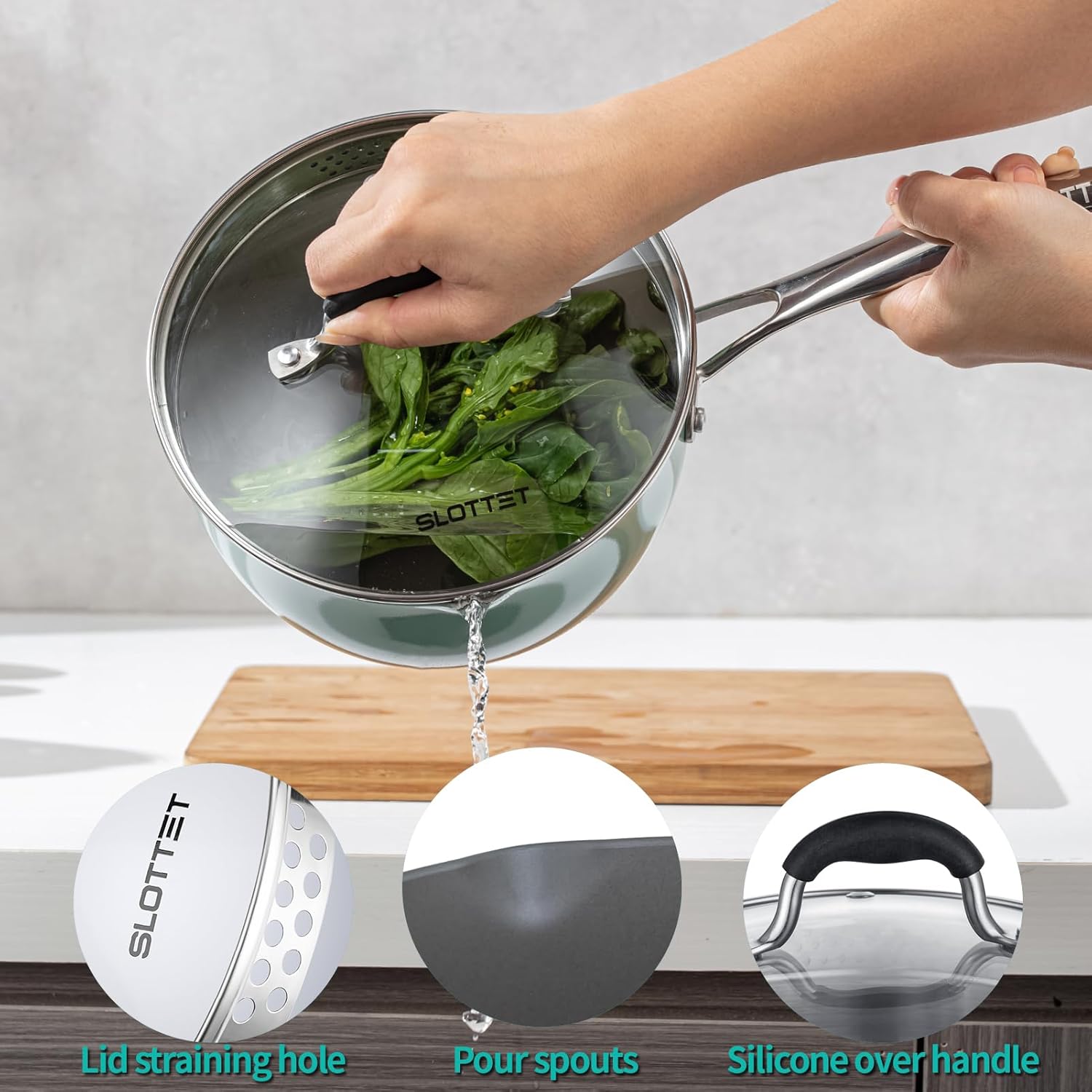 Ceramic Nonstick Tri-Ply Stainless Steel Sauce Pan with Steamer,2.5 Quart Small Multipurpose Pot with Pour Spout,Strainer Glass Lid, 2qt Saucepan for Cooking with Stay-cool Handle,Green - Culinary Roots