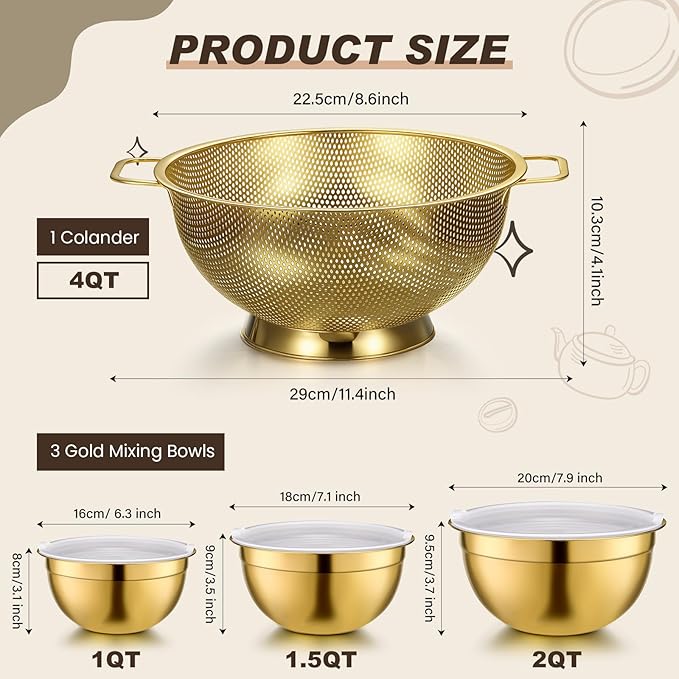 Baderke 7 Pcs Gold Kitchen Accessories Includes Stainless Steel Colander with Handles, 3 Gold Mixing Bowls with Airtight Lids and 3 Fine Mesh Strainer(Colander: 3 Qt, Mixing Bowls: 0.8/1/1.5 Qt)