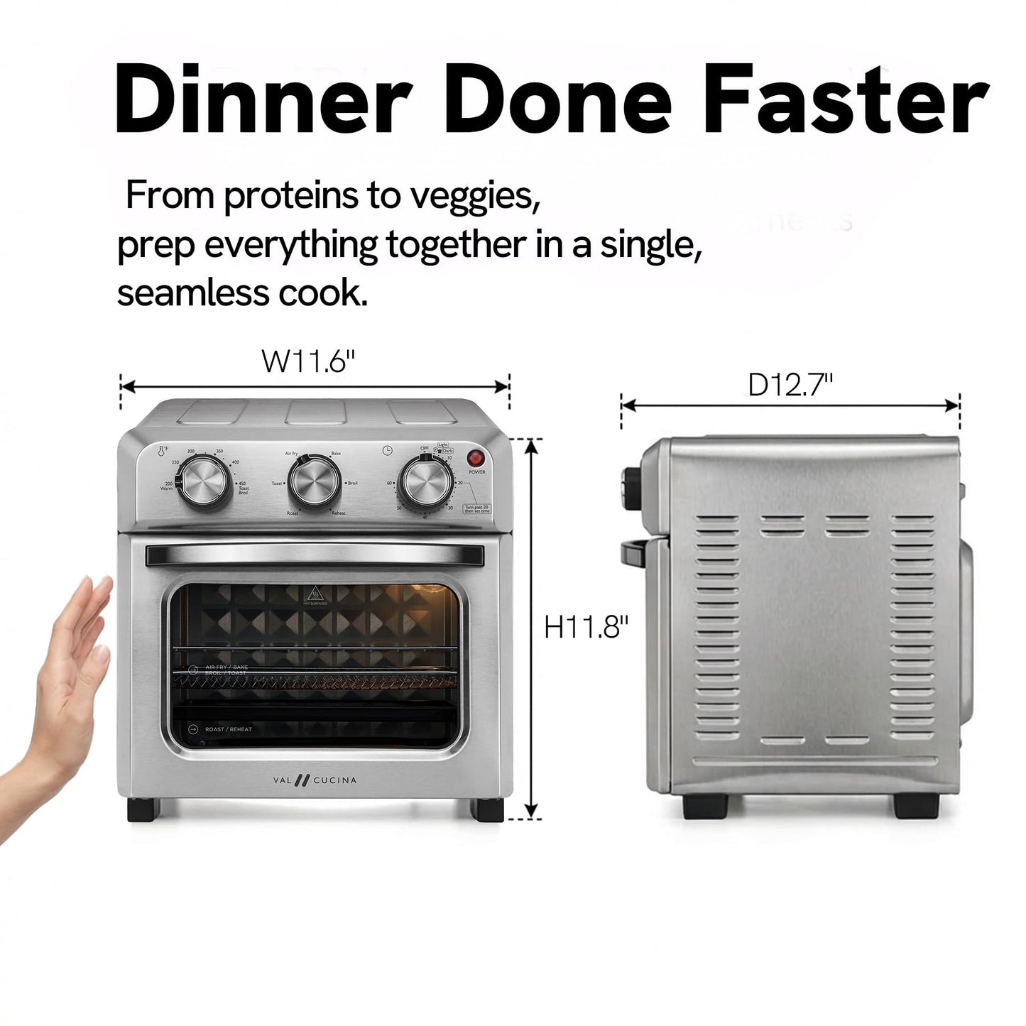 6-in-1 Air Fryer Toaster Oven Combo, Compact 12.7 QT Small Countertop Convection Oven, Fits 9" Pizza & 4 Toast, Hexagon Hybrid Heating, Enamel Baking Pan Included, Stainless Steel Finish