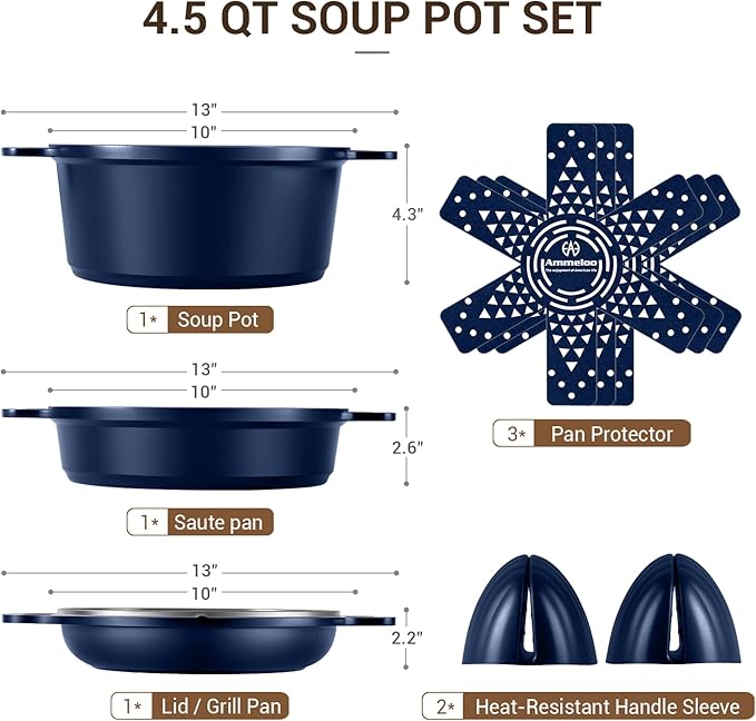 Ammeloo 4.5 Qt Non Stick Soup Pot with Lid, Ceramic Stockpot Set, Cooking Pot for All Stovetops, All-in-One Non Toxic Pot for Stews, Soups & Pasta, Easy to Clean, Induction Ready, PFAS Free