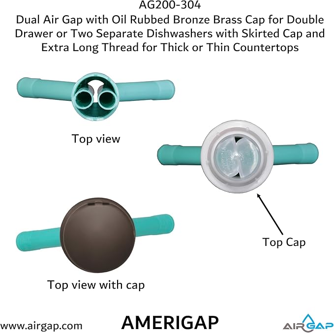 Dual Air Gap with Oil Rubbed Bronze Brass Cap for Double Drawer or Two Separate Dishwashers with Skirted Cap and Extra Long Thread for Thick or Thin Countertops (AG200-304, AG200-X04, AMERIGAP)