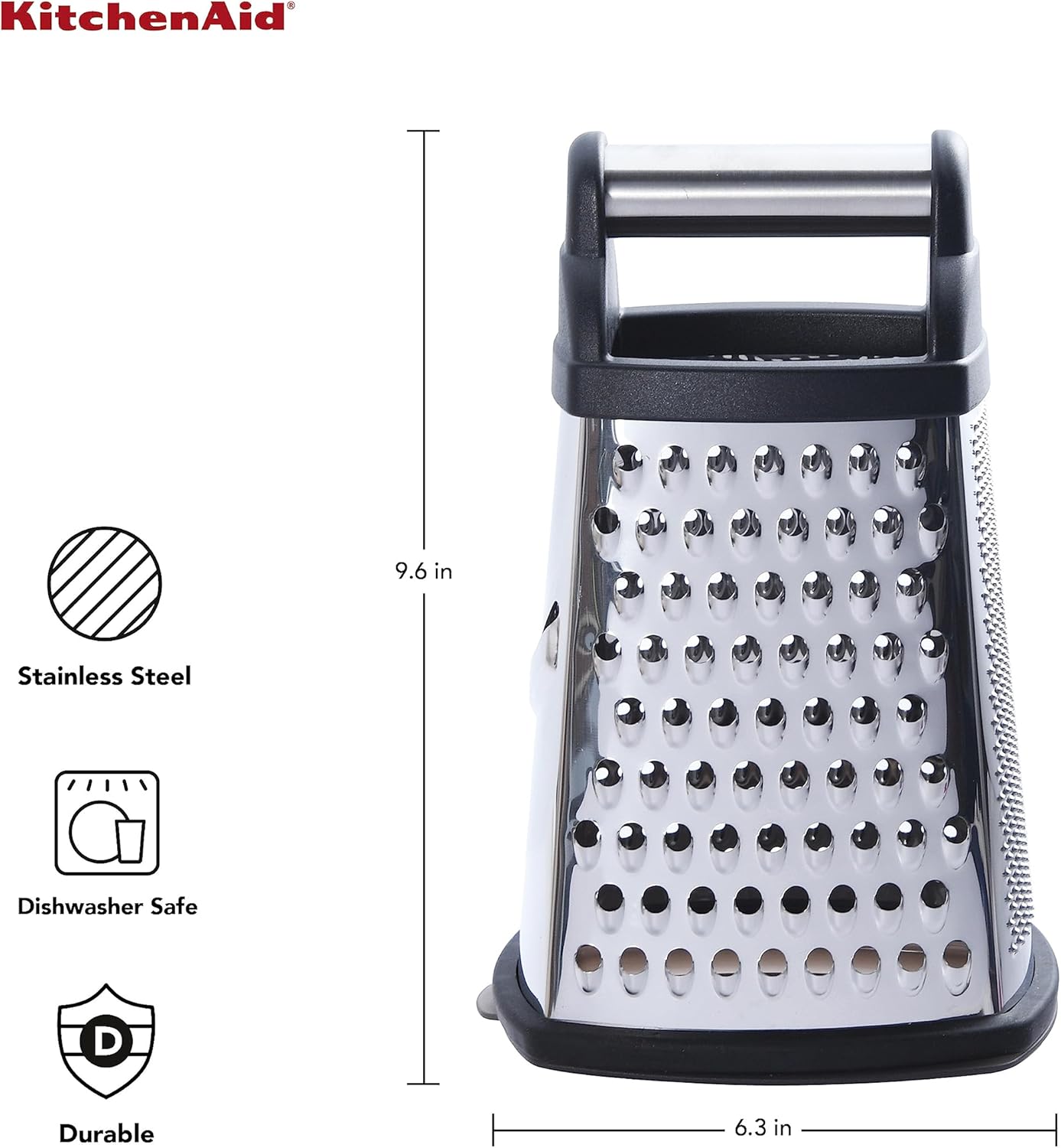 KitchenAid Gourmet 4-Sided Stainless Steel Box Grater for Fine, Medium and Coarse Grate, and Slicing, Detachable 3 Cup Storage Container and Measurment Markings, Dishwasher Safe, 10 inches tall, Black - Culinary Roots
