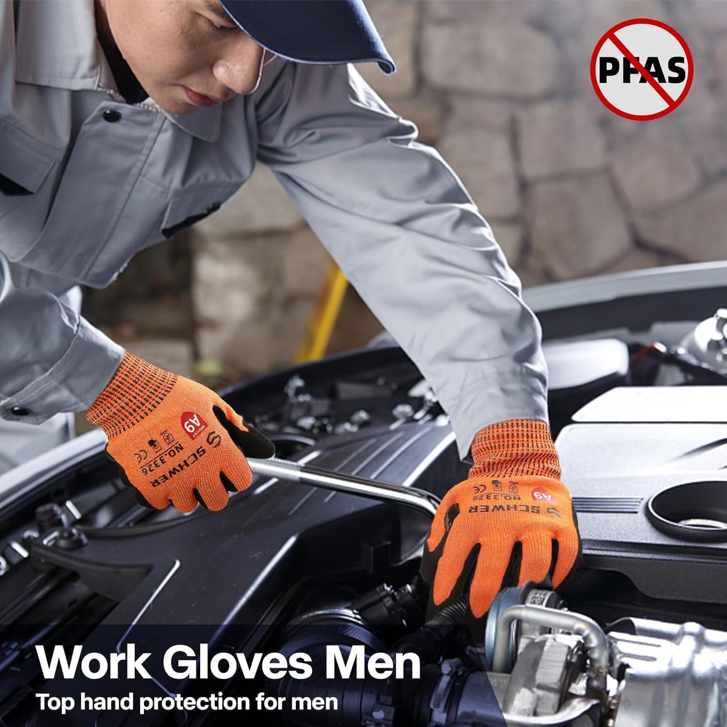 Schwer ProGuard Highest Level Cut Resistant Work Gloves PR3326 for Extreme Protection，ANSI A9 Cut Gloves with Reinforced Thumb, Non Slip, Non PFAS, Durable, Touch-screen, Orange 120 Pairs, M
