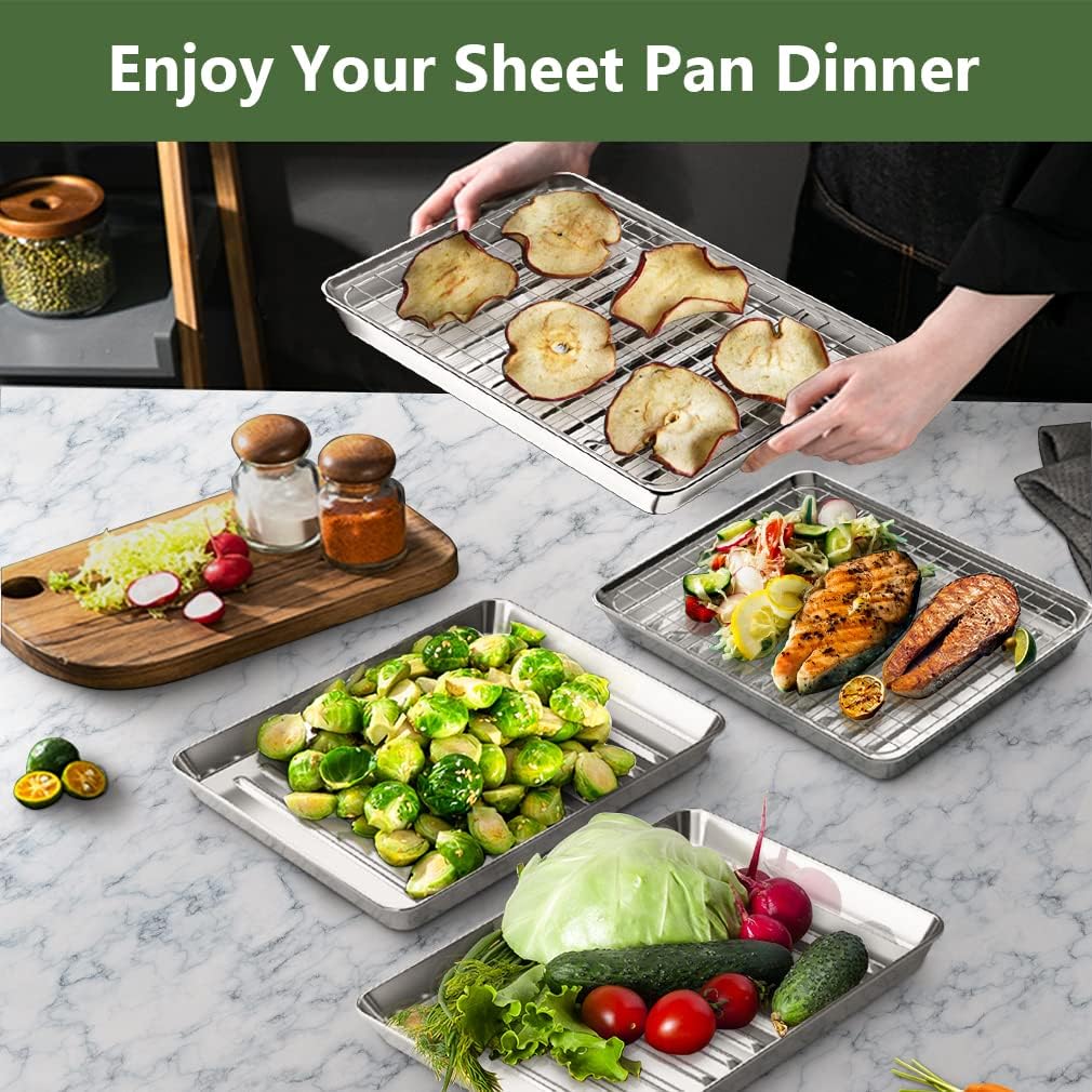 ROTTAY Small Baking Sheet Pan with Wire Rack Set [2 Pans + 2 Racks], 1/8 Stainless Steel Cookie Sheets for Oven, Warp Resistant & Heavy Duty & Rust Free, Size 9 x 7 x 1 Inches - Culinary Roots