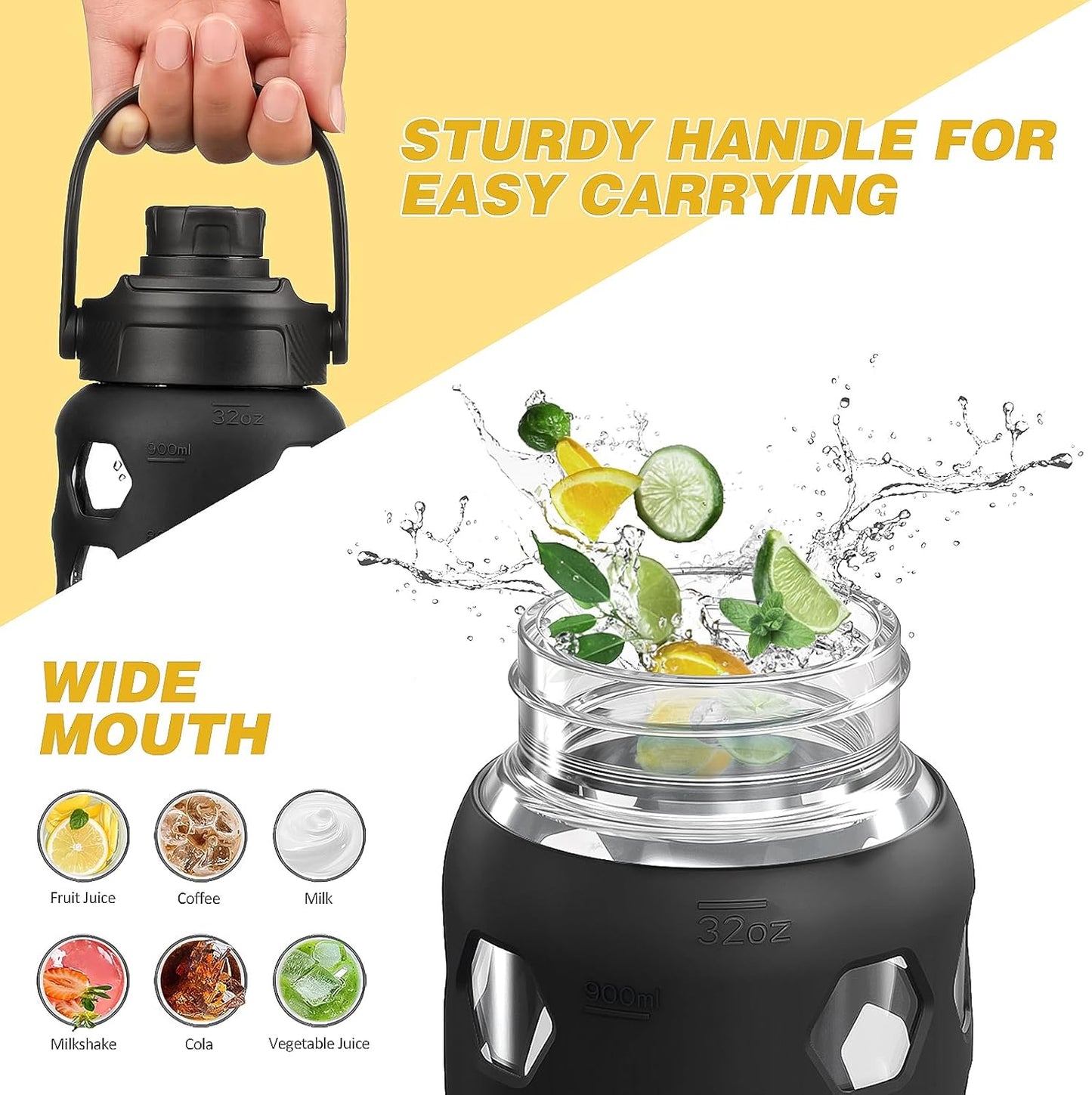 MUKOKO Glass Water Bottles, 32oz Glass Tumbler with Straw, Drinking Bottles with 2 Lids-Handle Spout Lid&Bamboo Straw Lid, Motivational Water Bottle with Time Marker and Silicone Sleeve, 1 Pack-Black