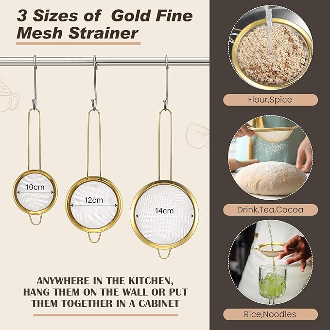 Baderke 7 Pcs Gold Kitchen Accessories Includes Stainless Steel Colander with Handles, 3 Gold Mixing Bowls with Airtight Lids and 3 Fine Mesh Strainer(Colander: 5 Qt, Mixing Bowls: 1.5/2/3 Qt)