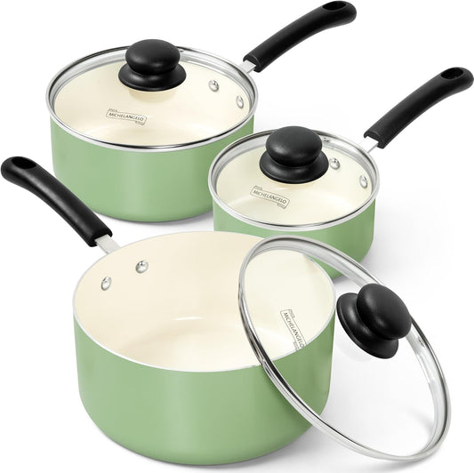 MICHELANGELO Nonstick Sauce Pan with Lid, Ceramic Saucepan Set, Non Toxic Small Saucepans Sets with Stay-Cool Handle, Induction Pots For Cooking, PTFE & PFOA Free - 1Qt & 2Qt & 3Qt, Green - Culinary Roots