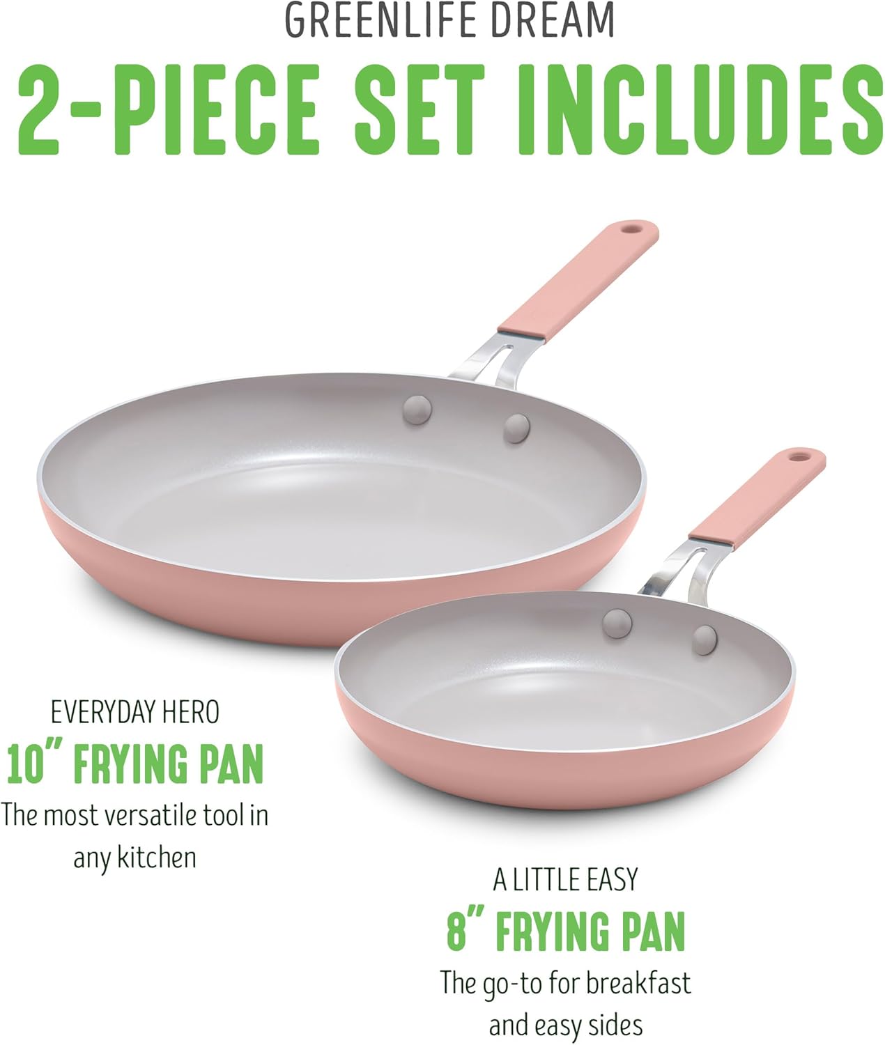GreenLife 8” & 10” 2 Piece Nonstick Ceramic Frying Pan Set, Lightweight Healthy PFAS-Free Skillets, Dishwasher & Oven Safe, Durable Body, Silicone Stay-Cool Handles, Easy Release, Pink - Culinary Roots