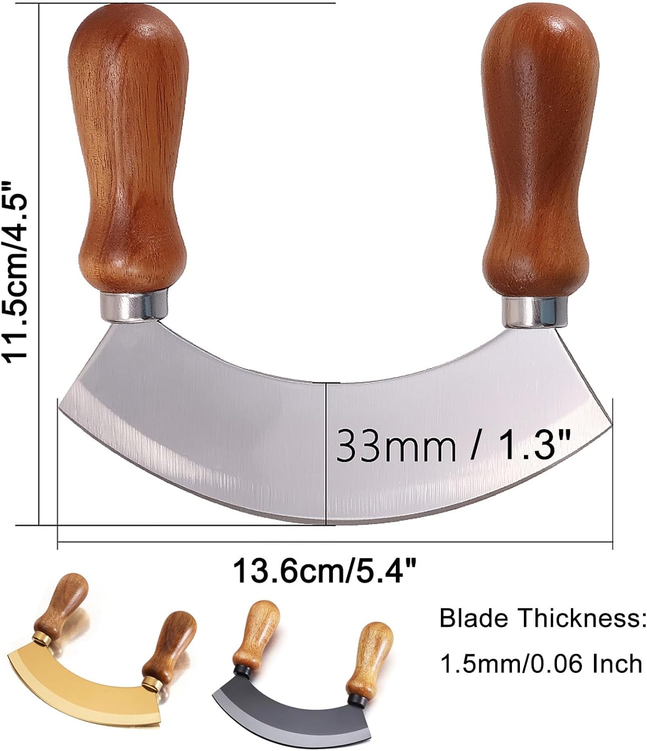 5.4 Inch Stainless Steel Mezzaluna Knife - Salad Chopper Rocker Pizza Cutter Rocker Knife Curved Blade Sharp Blade Double Acacia Wood Handle Fruit Vegetable Mincing (5.4 Inch Black) - Culinary Roots