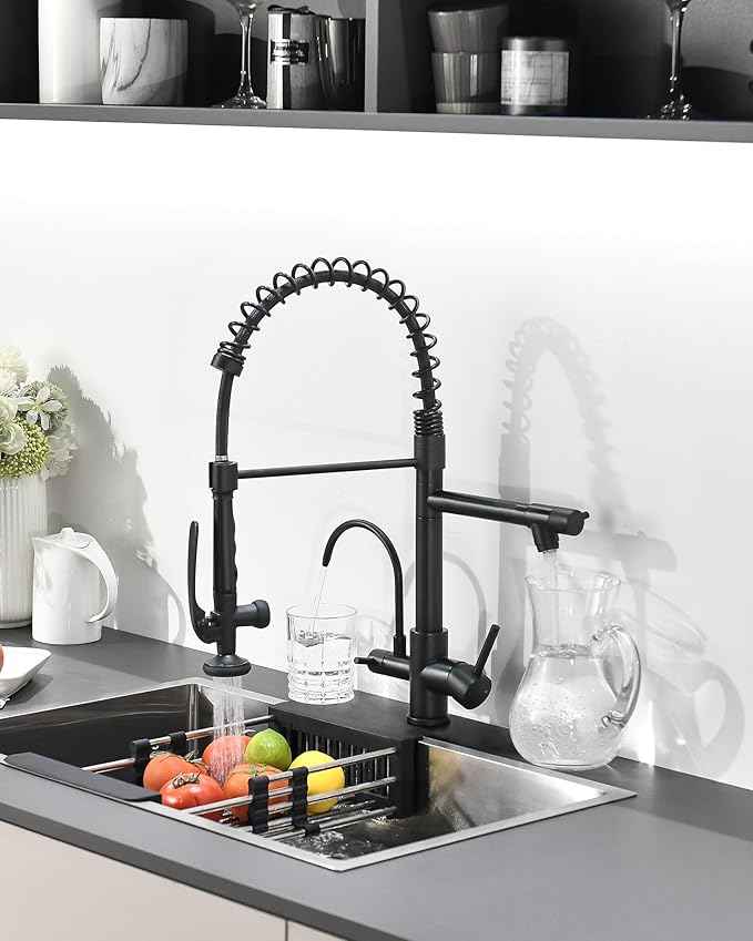 Fapully Commercial 3 Way Kitchen Faucets with Pull Down Sprayer and Water Filler,3 in 1 Kitchen Sink Faucet with Drinking Water Faucet Matte Black
