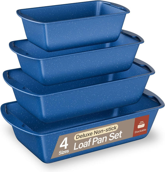 Nonstick Loaf Pan Set Pack of 4, 7" to 11" Large Baking Bread Pan, Oven Safe Up to 450°F, PFOA, PFOS, PTFE Free, Space Saving Stackable Design, Stain Resistant, Dishwasher Friendly, Blue Marble - Culinary Roots