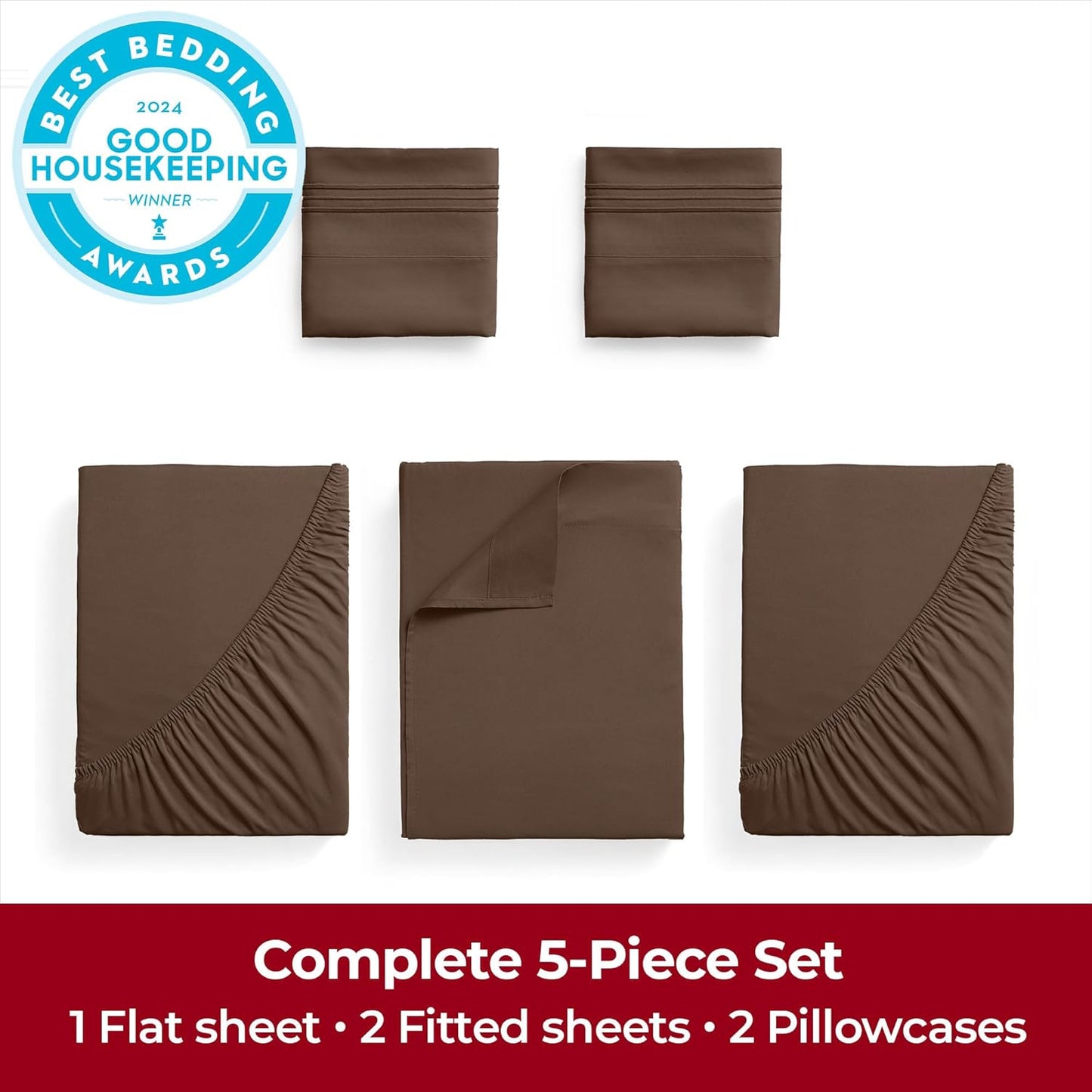 Mellanni Extra Deep Split King Sheets - 5 PC Iconic Collection Bedding - Hotel Luxury, Ultra Soft, Cooling Bed Sheets - Wrinkle, Fade, Stain Resistant (Split King, Brown)