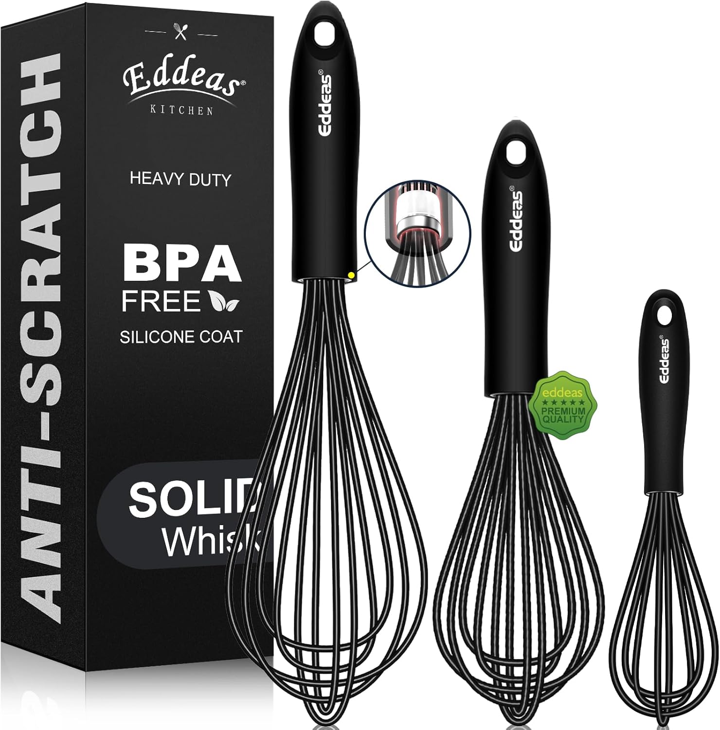 Whisks For Cooking - 500 °F Heat Resistant Silicone Whisk, Heavy Duty 7",9"&11inch Non-Scratch Balloon Kitchen Wisk tool Set, for cooking Wisking, Blending, Beating, Stirring, 3 Piece Black - Culinary Roots