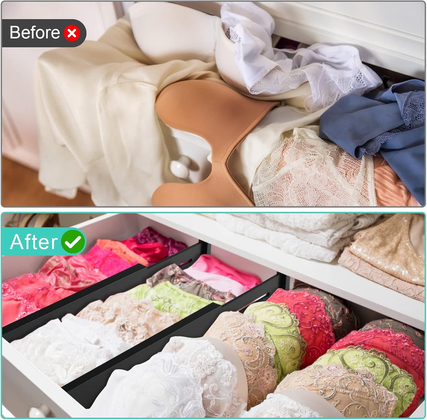 FJO 4 Pack Adjustable Bamboo Drawer Dividers - 11.8" - 17" Expandable Drawer Separators for Kitchen, Utensils, Clothes, Bedroom, Dresser, Bathroom (Black)