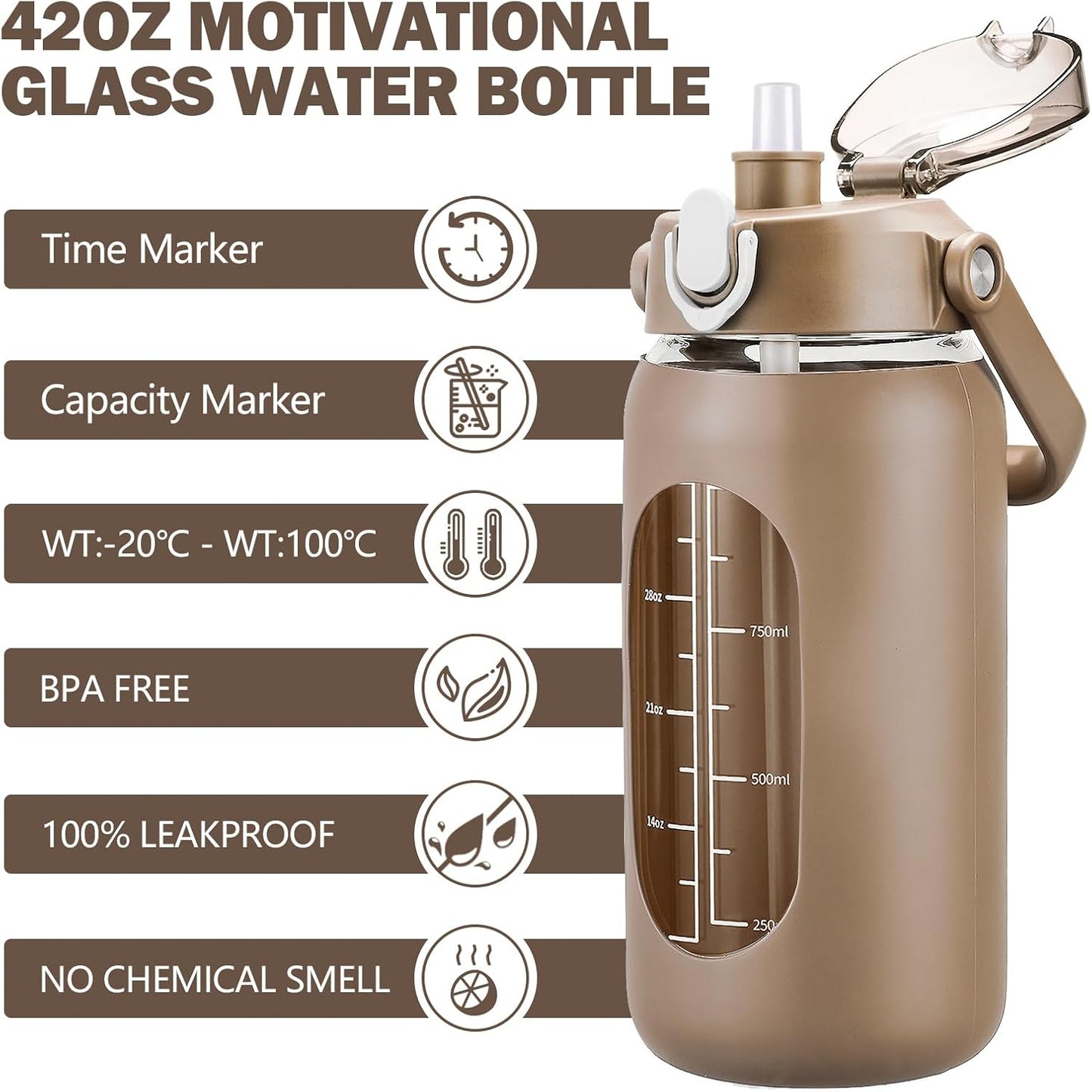 kytffu 42oz Glass Water Bottles with Straw, Motivational Glass Bottle with Silicone Sleeve and Time Marker, Leakproof Large Glass Water Jug for Gym Home Office,Amber