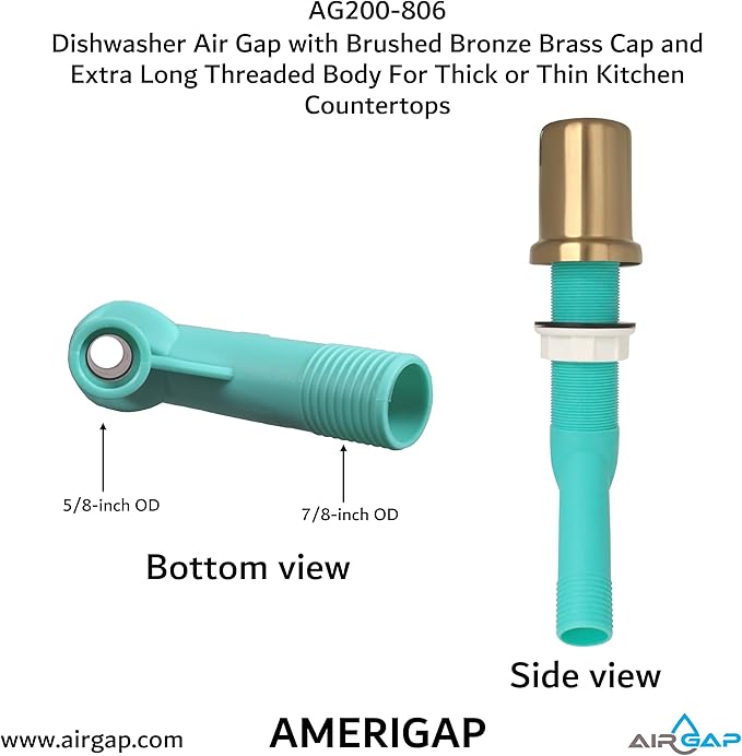 Dishwasher Air Gap with Skirted Brushed Bronze Brass Cap and Extra Long Threaded Body for Thick or Thin Kitchen Countertops (AG200-806, AG200-X06, AMERIGAP)