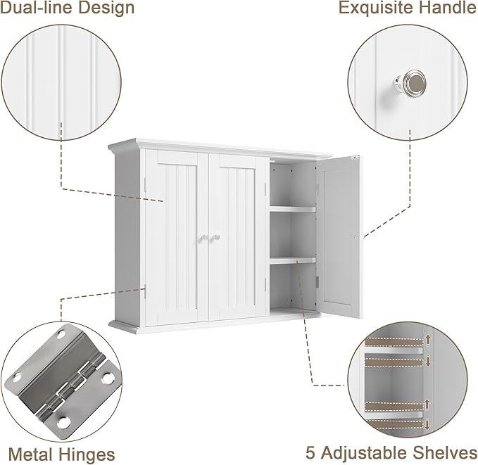 ChooChoo Bathroom Wall Cabinet with 3 Doors, Laundry Cabinet Wall Mounted, Medicine Cabinet with Adjustable Shelves, Hanging Kitchen Cupboard Organizer, White
