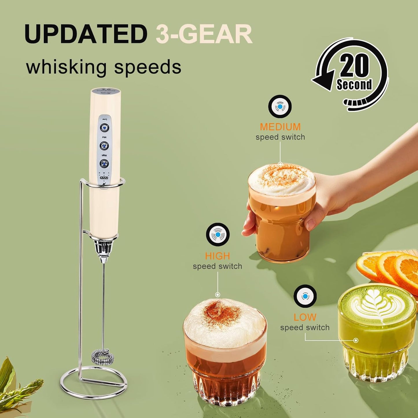YUSWKO Beige Handheld Milk Frother Wand with Stand for Coffee, Rechargeable Electric Whisk with 3 Heads 3 Speeds Drink Mixer Coffee Frother For Latte, Cappuccino, Hot Chocolate, Egg - Culinary Roots