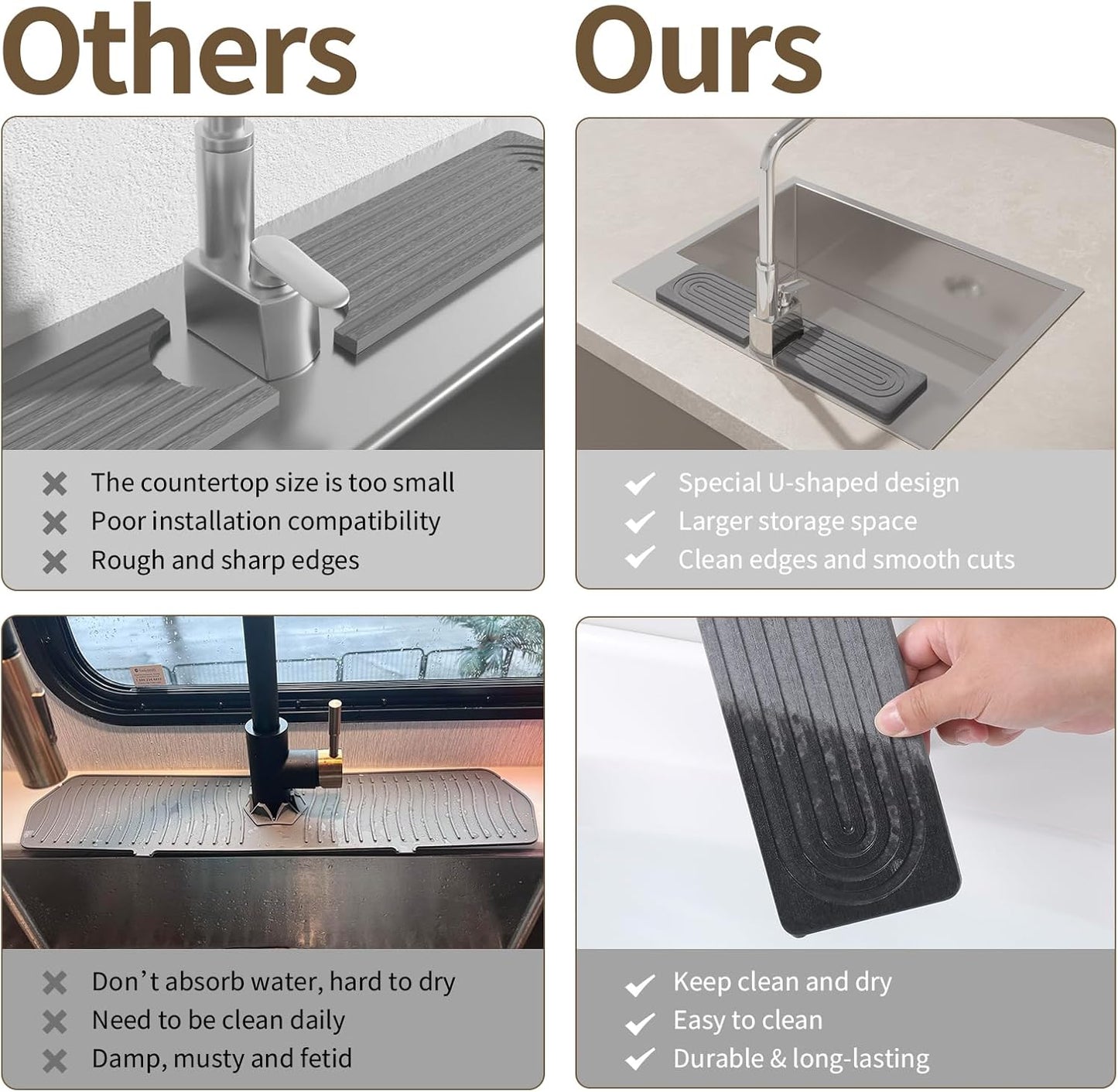 Faucet Mat for Kitchen Sink, Diatomite Stone Drying Sink Protectors, Bathroom Faucet Splash Guard, Quick Dry Water Absorbing, Non-Slip Stone Tray for Kitchen Counter, Grey, 15.7" x 3.9" - Culinary Roots