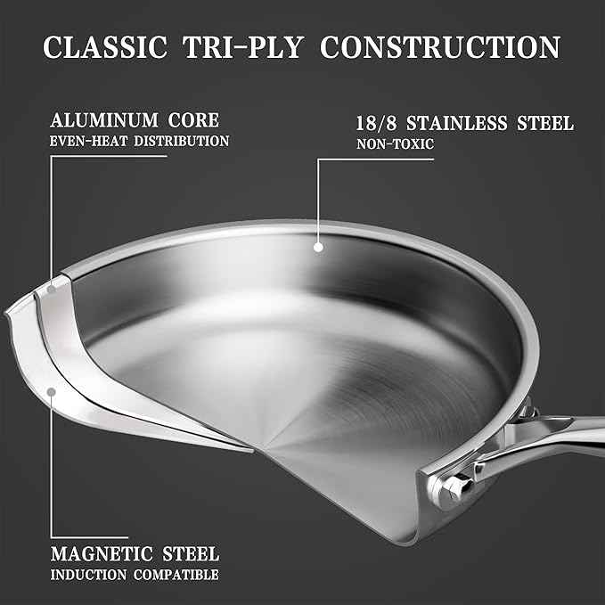 Stainless Steel Cookware Set - VONIKI Tri-ply Stainless Pots And Pans Set with Steamer Basket, Non Toxic Induction Cookware, Kitchen Cookware Sets PFOA & PTFE Free, Dishwasher and Oven Safe