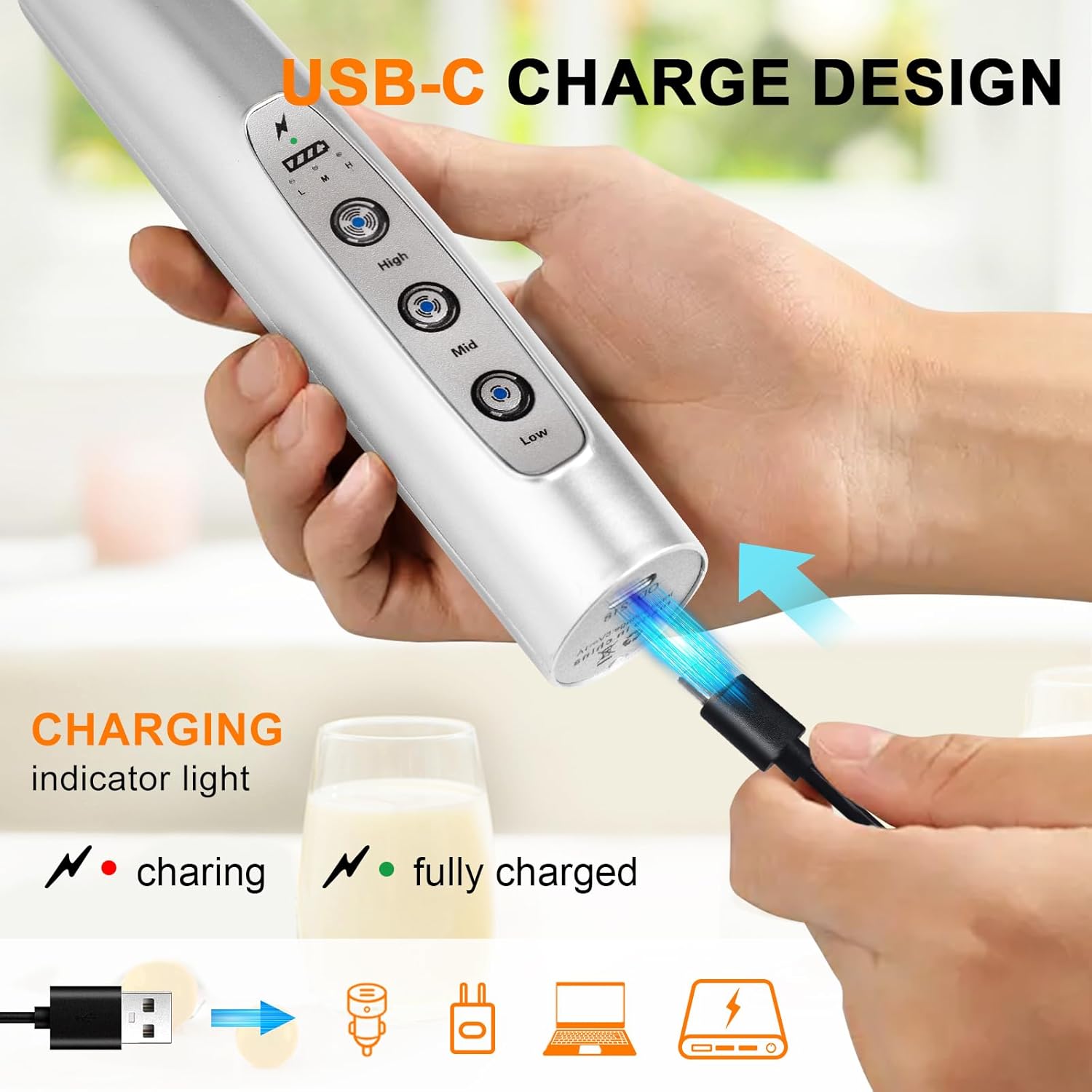 YUSWKO Silver Rechargeable Milk Frother for Coffee with Stand, Handheld Drink Mixer with 3 Heads 3 Speeds Electric Stirrers for Latte, Cappuccino, Hot Chocolate, Egg - Culinary Roots