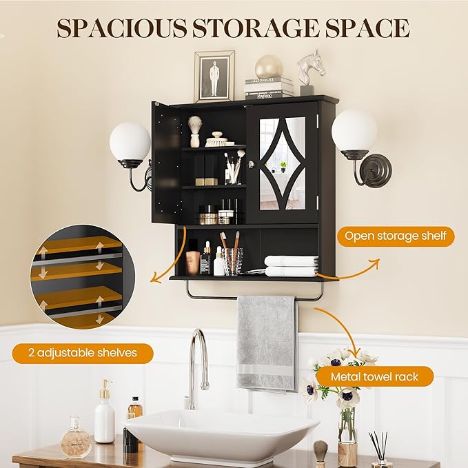 RoyalCraft 22x25 Bathroom Medicine Cabinet with Mirror, Large Wood Wall Mounted Storage Cabinet with Shelves and Towel Bar, Over The Toilet Storage Cabinet for Bathroom, Laundry, Living Room, Black