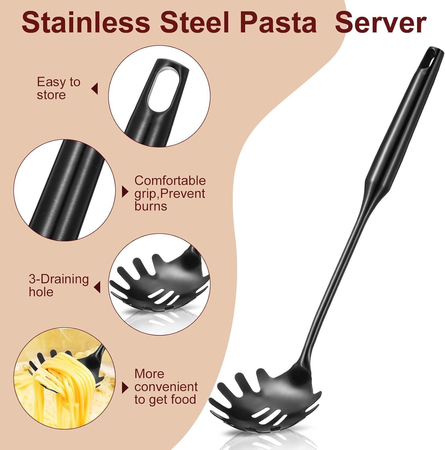 Patelai 2 Pcs Stainless Steel Pasta Spoon with Teeth Large Spaghetti Utensil, 9.4'' Tong and 13.6'' Pasta Fork with Vacuum Handle, Comfortable Grip Design Spoons for Kitchen(Black) - Culinary Roots