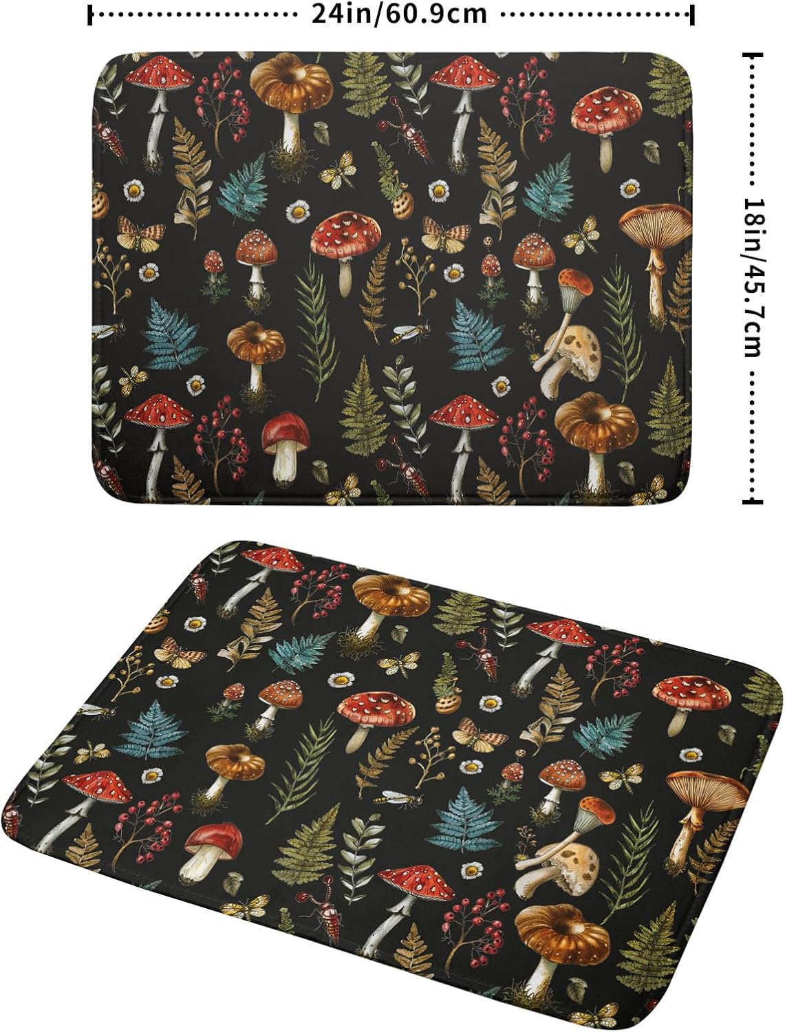 Natural Botanical Dish Drying Mat Mushroom Fern Leaves Berry Drainer Mat Black Drying Pad for Countertop 18 X 24 Inch