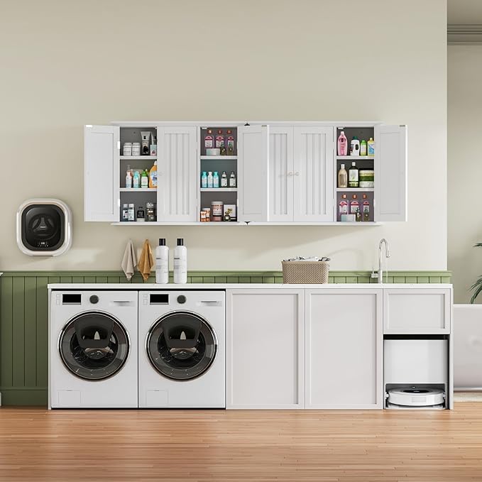 ChooChoo Bathroom Wall Cabinet with 3 Doors, Laundry Cabinet Wall Mounted, Medicine Cabinet with Adjustable Shelves, Hanging Kitchen Cupboard Organizer, White