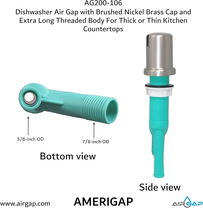 Dishwasher Air Gap with Skirted Brushed Nickel Brass Cap and Extra Long Threaded Body for Thick or Thin Kitchen Countertops (AG200-106, AG200-X06, AMERIGAP)