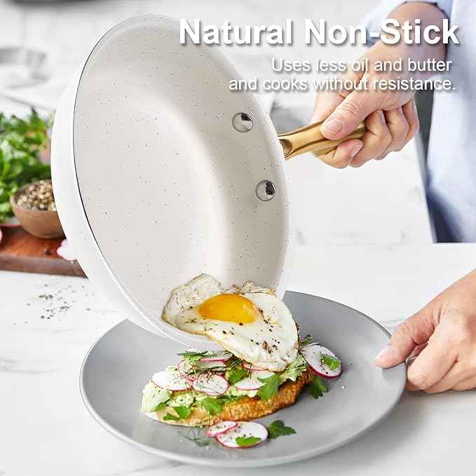 Ceramic Cookware Set, VONIKI 16 Pcs Pots and Pans Set Non Stick, Kitchen Cookware Sets with Cooking Utensils Set, Non Toxic Cookware Set White Gold Pan Set for Cooking Pot Oven & Dishwasher Safe, Gift