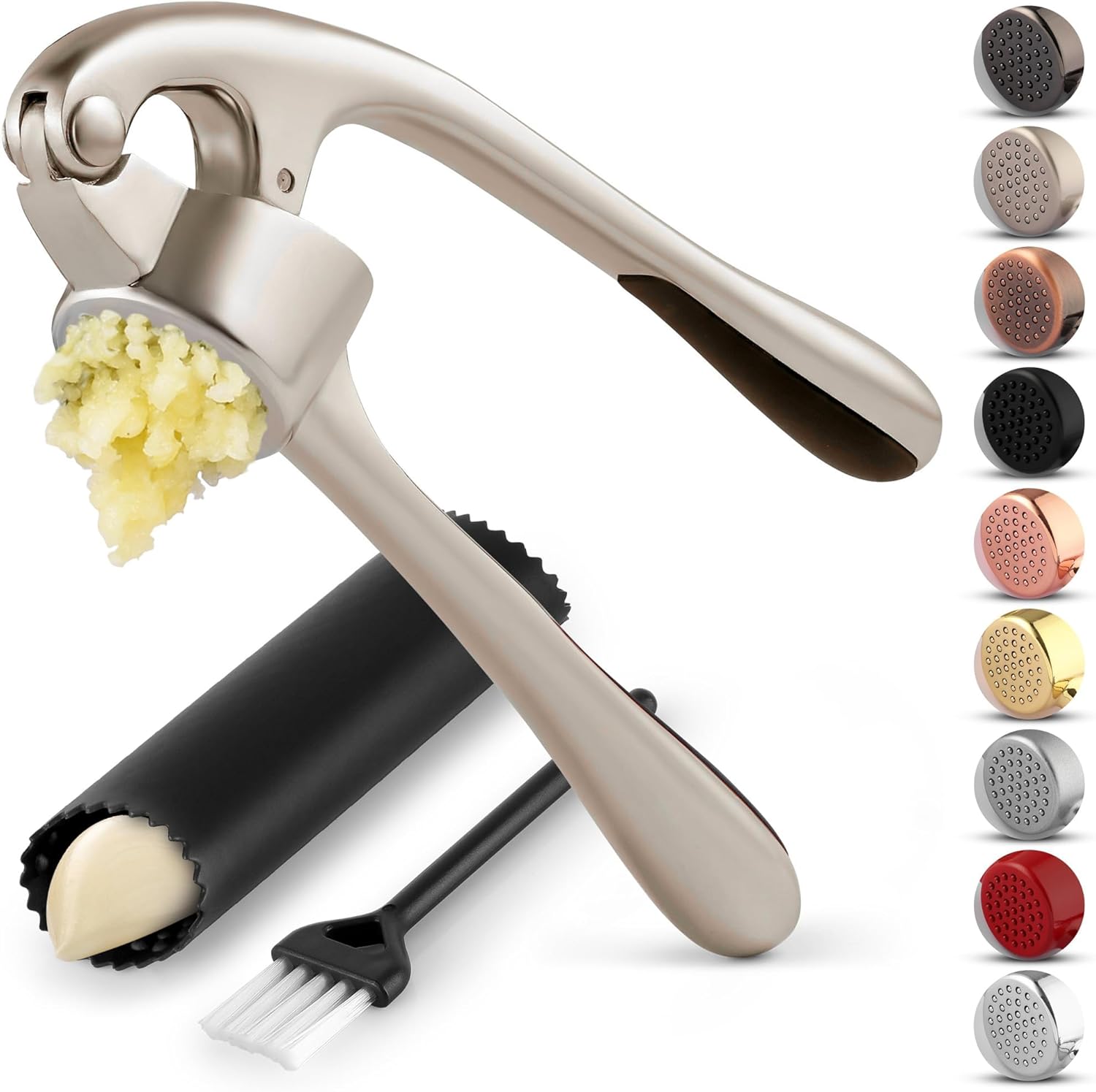 Zulay Kitchen Premium Garlic Press Set - Rust Proof & Dishwasher Safe Professional Garlic Mincer Tool - Easy-Squeeze, Easy-Clean with Soft, Ergonomic Handle - Silicone Garlic Peeler & Brush (Silver) - Culinary Roots
