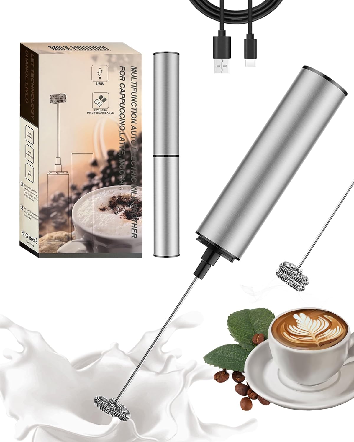 Milk Frother Rechargeable with Cover - Coffee Frother Wand, Drink Mixer Handheld with 2 Detachable Stainless Whisks 2 Speed Adjustable for Latte, Cappuccino, Hot Chocolate, Egg, Silver - Culinary Roots
