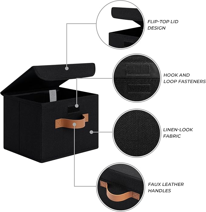 GRANNY SAYS Small Storage Bins with Lids, Small Storage Boxes, Shelf Baskets for Shelf, Collapsible Storage Bins for Living Room, Bedroom, 10x8x7 Inch, Black, 2-Pack