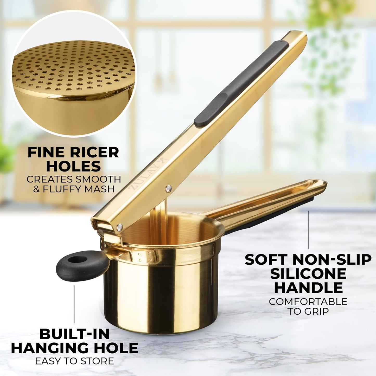 Zulay Kitchen Large 15oz Potato Ricer, Heavy Duty Stainless Steel Potato Masher and Ricer for Mashed Potatoes, Mashed Potato Masher & Potato Press Gadget for Perfect Mashed Potatoes - Gold/Black - Culinary Roots