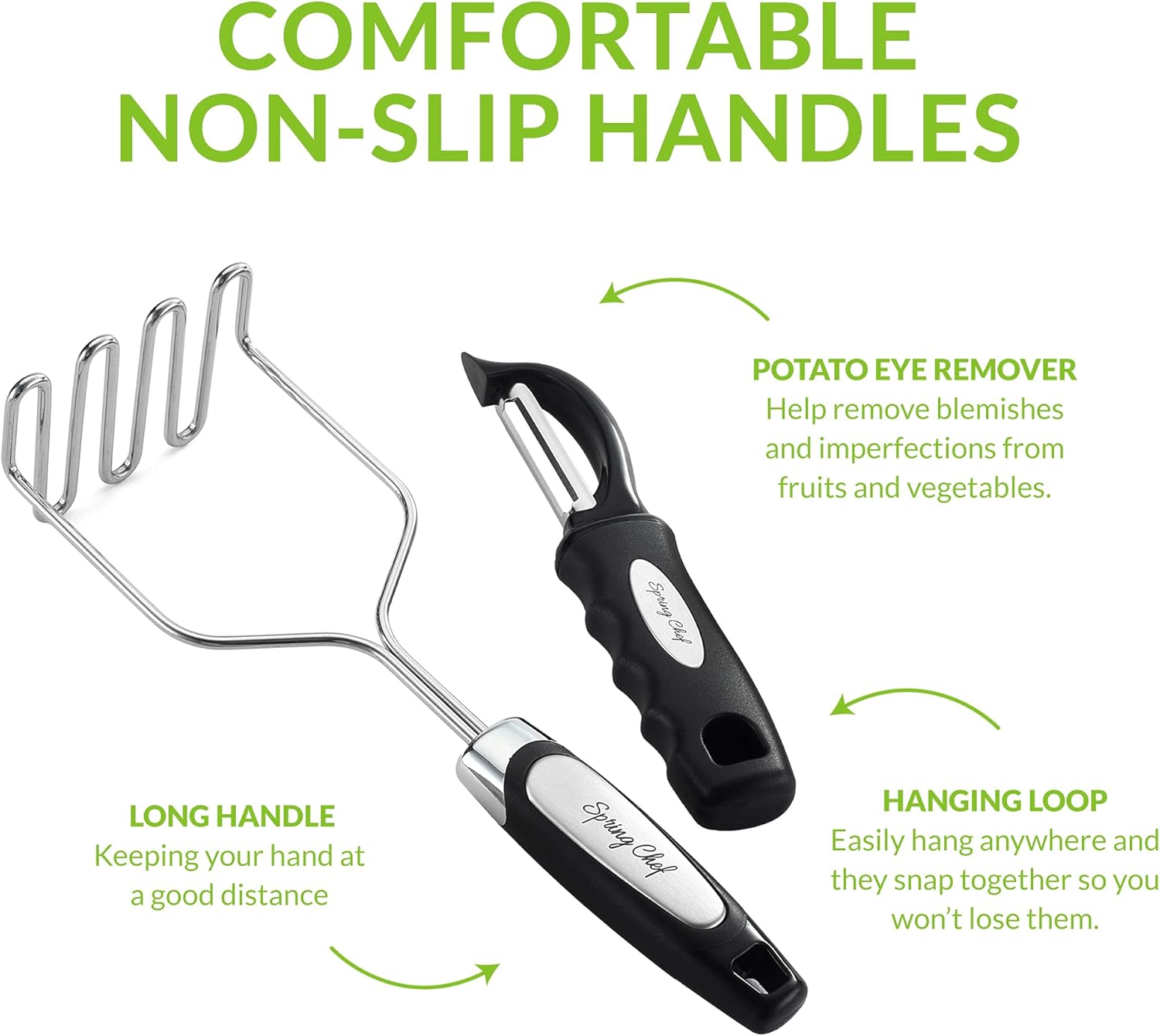 Spring Chef Stainless Steel Potato Masher with Premium Vegetable Peeler, Mashed Potato Masher - Kitchen Tool with Soft Non-slip Handle, Metal Food Masher for Fruit, Avocado, Bean, Guacamole, Banana - Culinary Roots