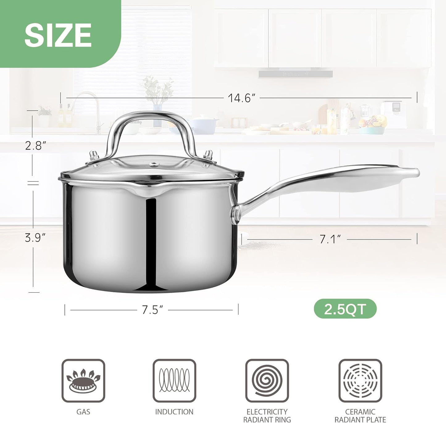 2.5 Quart Stainless Steel Pot Saucepan with Glass Strainer Lid, Sauce Pot with Two Side Spouts, Induction Cooking Pot, Multipurpose Sauce Pan with Lid for Cooking(Tri-Ply Full Body) - Culinary Roots