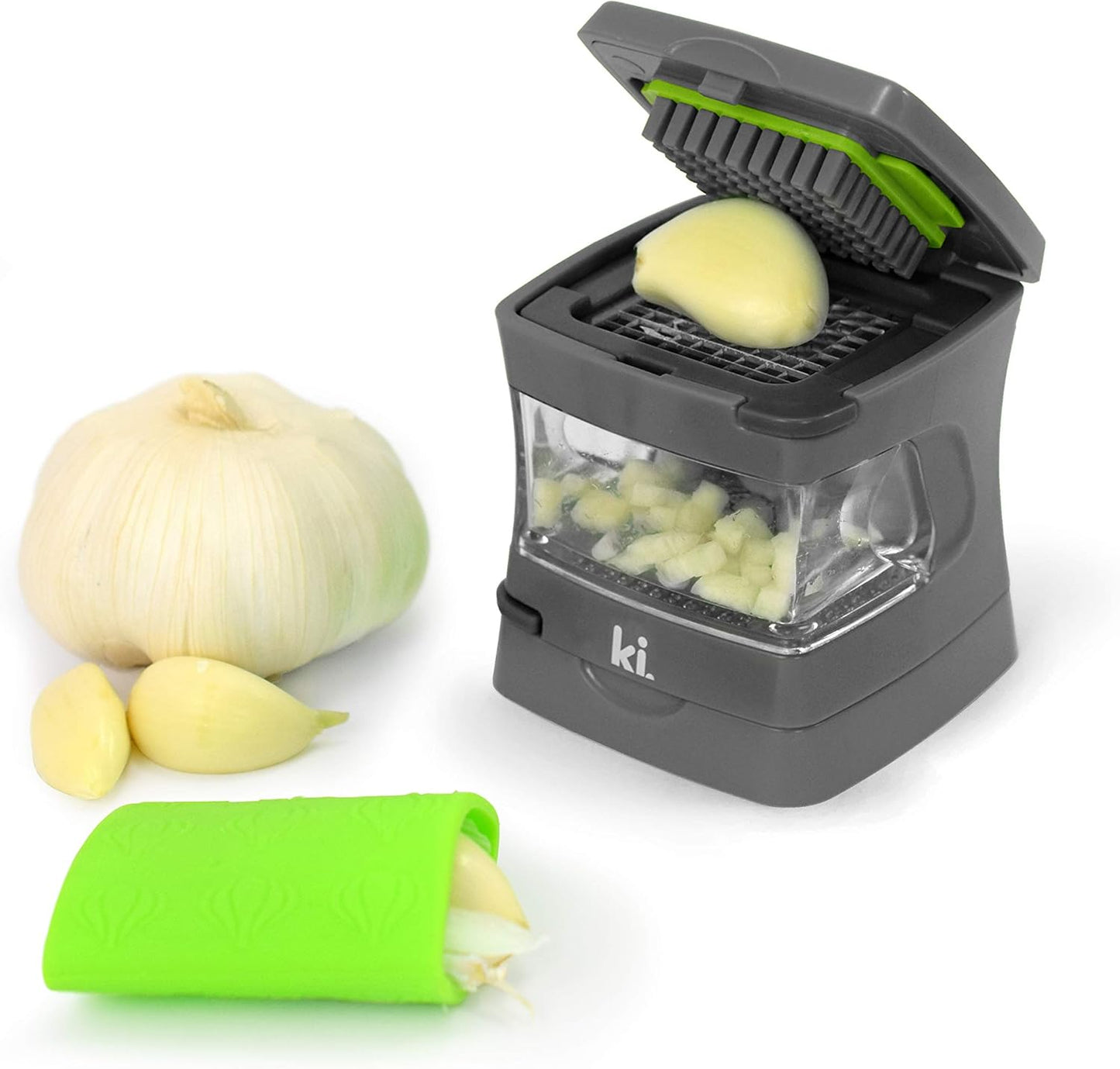Garlic-A-Peel Garlic Press, Crusher, Cutter, Mincer, and Storage Container - Includes Silicone Garlic Peeler - Easy to Clean - Stainless Steel Blades – (Grey), standard - Culinary Roots