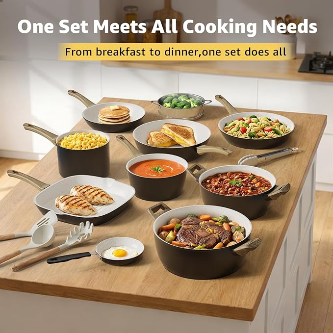 Bazova 25-Piece Pots and Pans Set Non Stick,Titanium Ceramic Cookware Set Non Toxic,Long-Lasting,PFAS Free,Induction Compatible,Complete Kitchen Set for All Family Cooking Needs