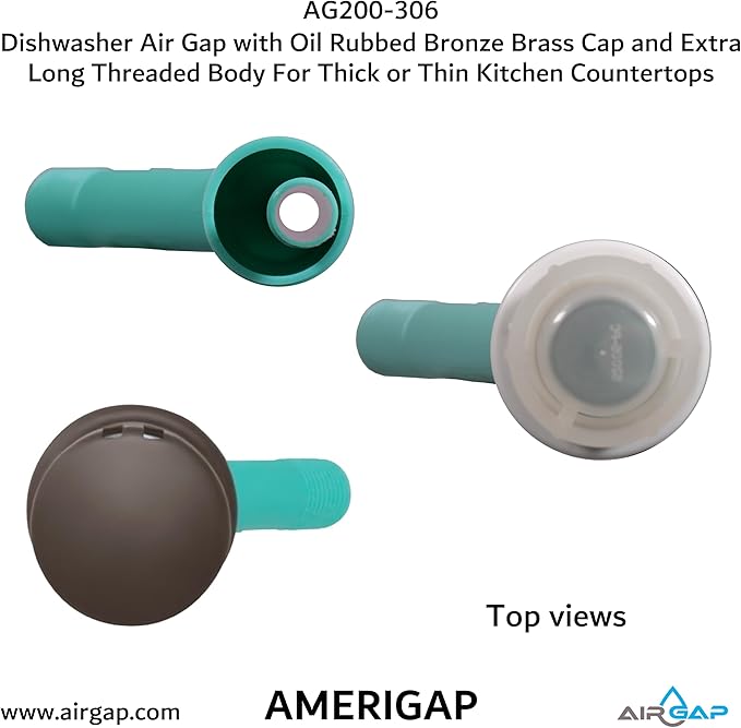 Dishwasher Air Gap with Skirted Oil Rubbed Bronze Brass Cap and Extra Long Threaded Body for Thick or Thin Kitchen Countertops (AG200-306, AG200-X06, AMERIGAP)