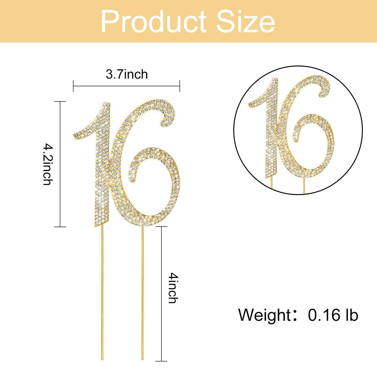 Gold Sweet 16 Cake Topper Rhinestones Cake Decorations