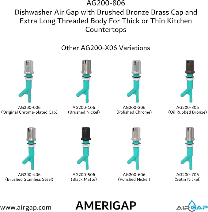 Dishwasher Air Gap with Skirted Brushed Bronze Brass Cap and Extra Long Threaded Body for Thick or Thin Kitchen Countertops (AG200-806, AG200-X06, AMERIGAP)