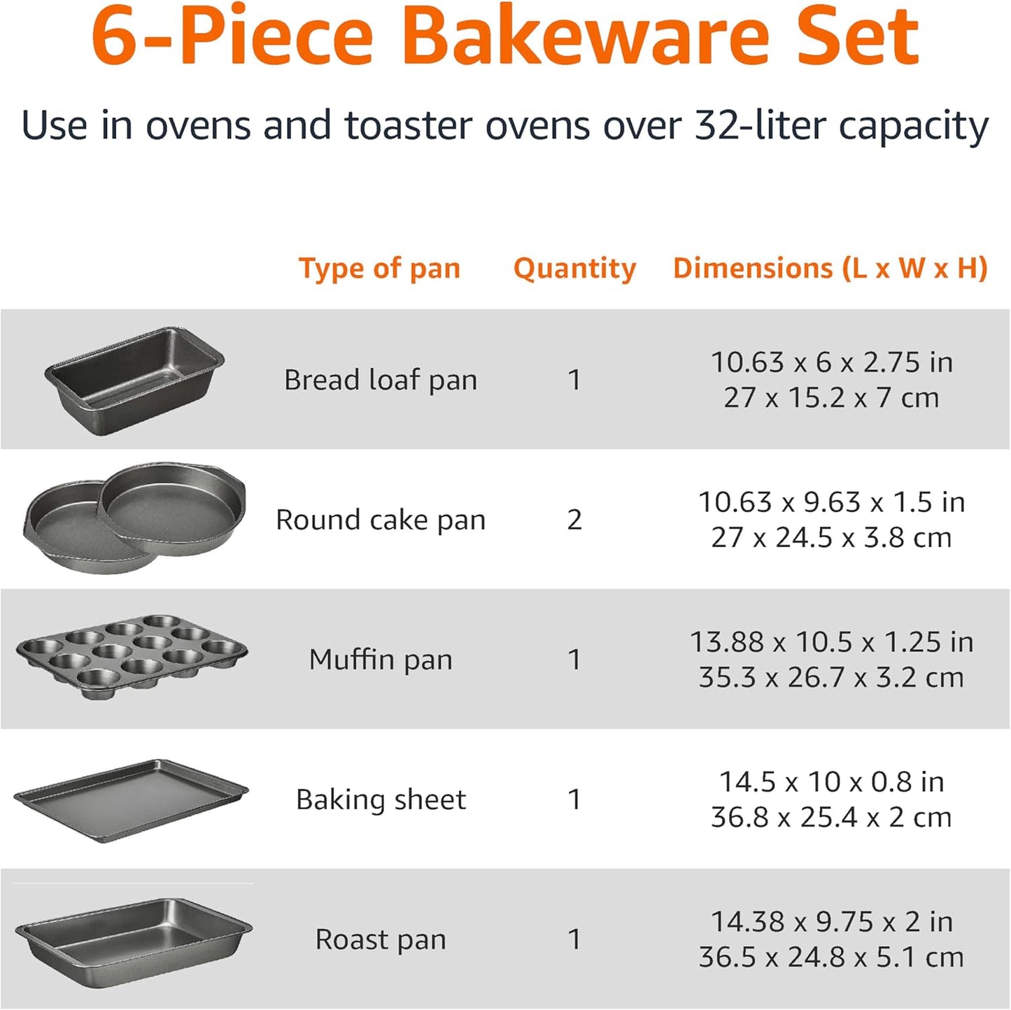 Amazon Basics 6 Piece Nonstick, Carbon Steel Oven Safe Bakeware Set with Cake, Muffin, Cookie, and Loaf Pans, 6 Piece, 16.25 x 11.75 x 6.25 inches - Culinary Roots