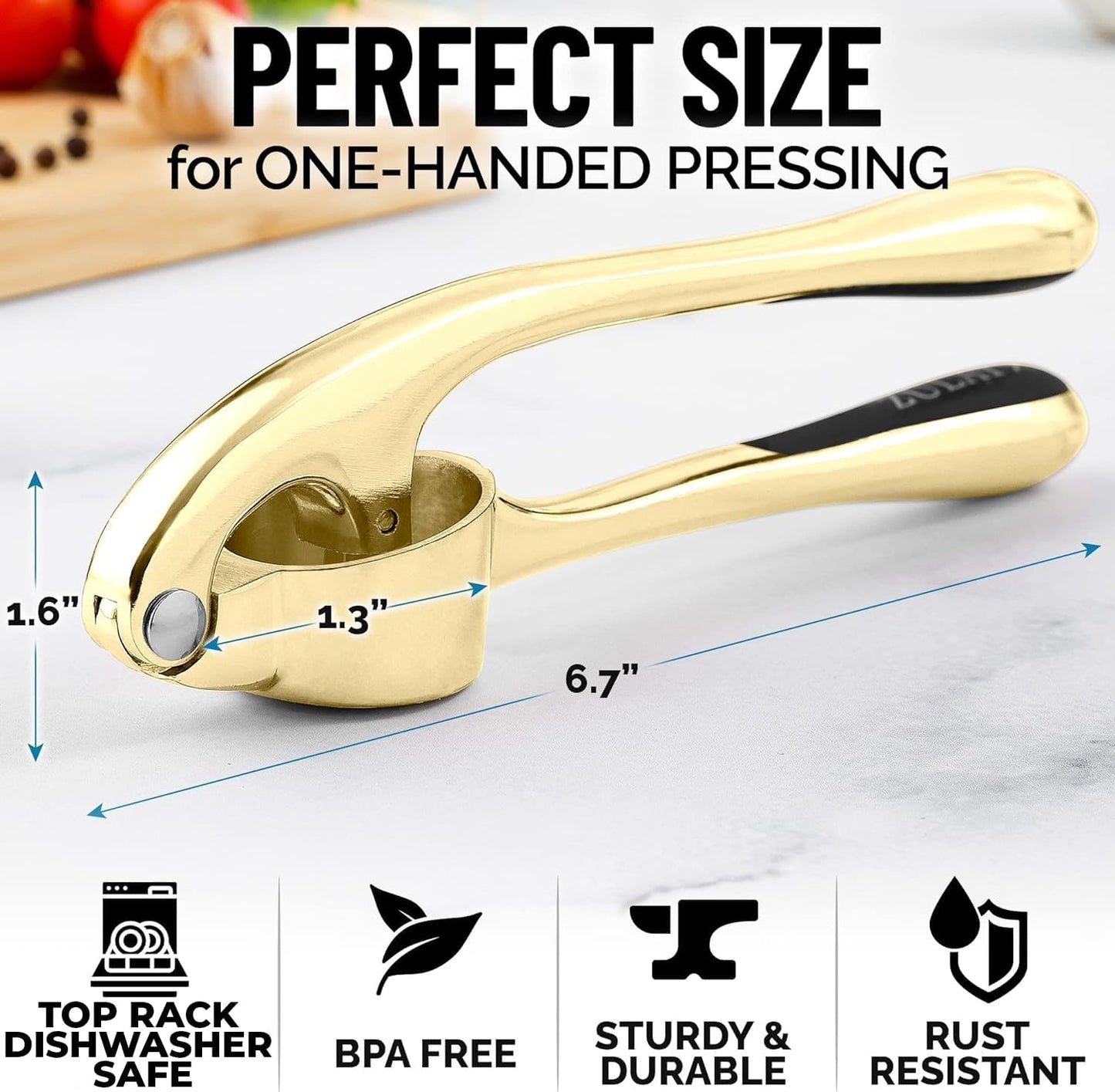 Zulay Kitchen Premium Garlic Press with Soft, Easy to Squeeze Handle - Includes Silicone Garlic Peeler & Cleaning Brush - 3 Piece Garlic Mincer Tool - Sturdy Easy to Clean Garlic Crusher (Gold) - Culinary Roots