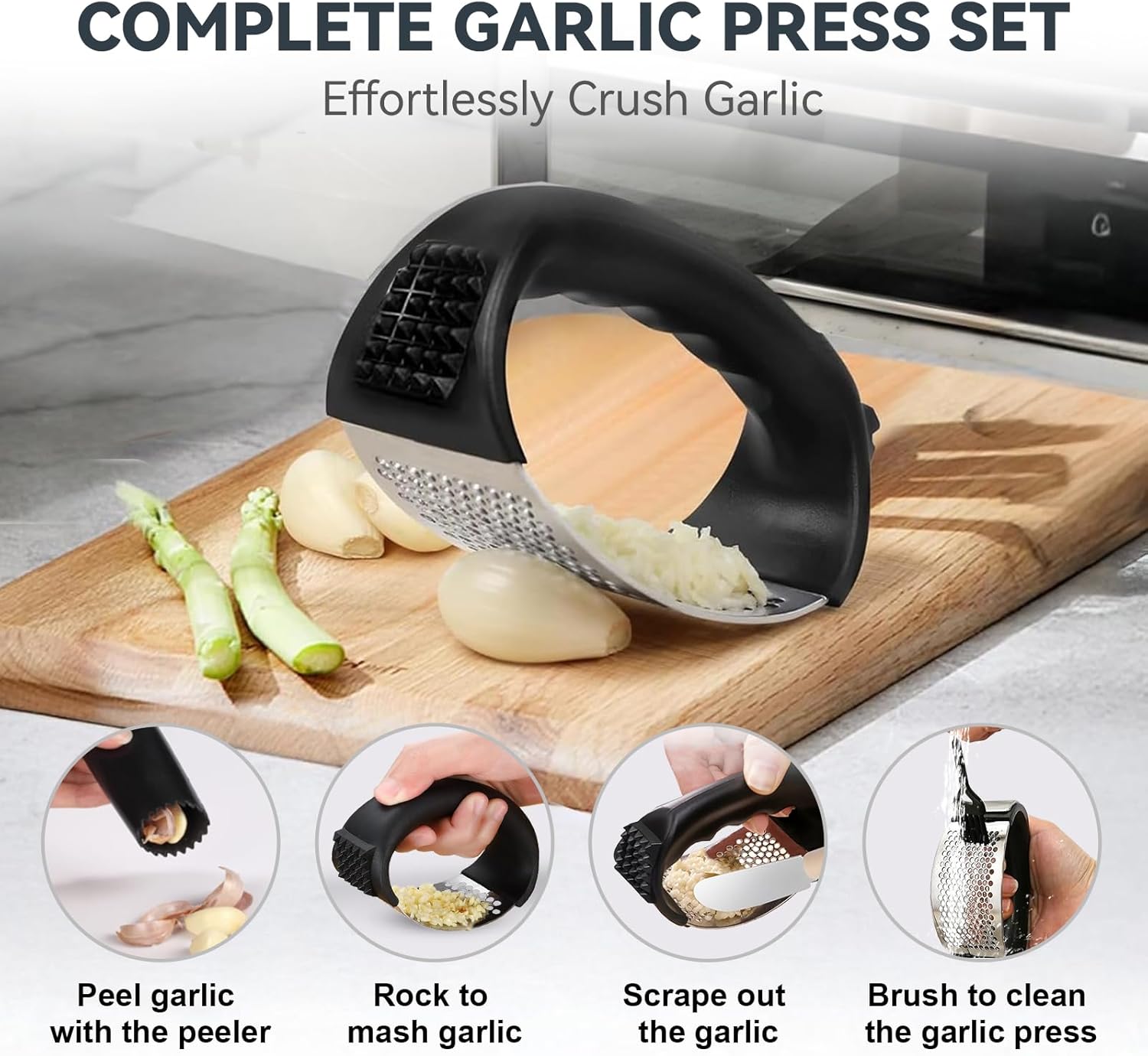 2 Pack Garlic Press Rocker Set – Innovative Stainless Steel Garlic Mincer & Crusher with 2 Peelers, 2 Scrapers, and 2 Brushes for Effortless Garlic Prep | Complete Garlic Tool Kit (BLACK) - Culinary Roots