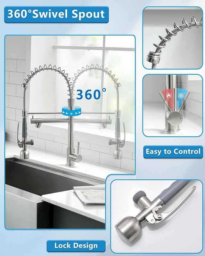 Fapully Commercial Single Handle Pull Down Sprayer Brushed Nickel Kitchen Faucet, Kitchen Sink Faucet with LED Light