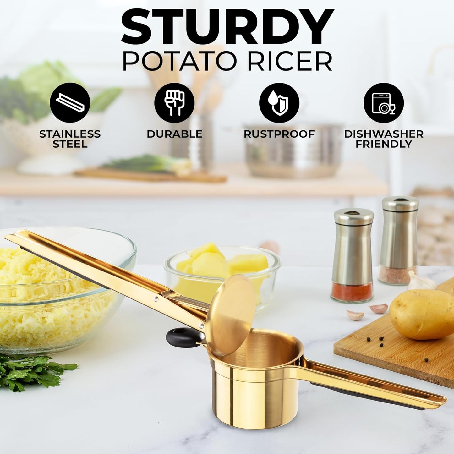 Zulay Kitchen Large 15oz Potato Ricer, Heavy Duty Stainless Steel Potato Masher and Ricer for Mashed Potatoes, Mashed Potato Masher & Potato Press Gadget for Perfect Mashed Potatoes - Gold/Black - Culinary Roots